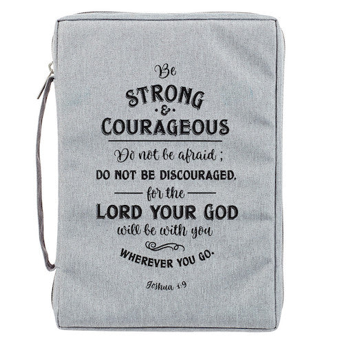 Bible Cover (M) "Strong & Courageous" Grey Canvas