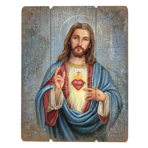 WALL PLAQUE - SACRED HEART OF JESUS - WOOD 12" X 15"