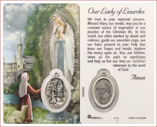 OUR LADY OF LOURDES - MEDAL ON PRAYER CARD