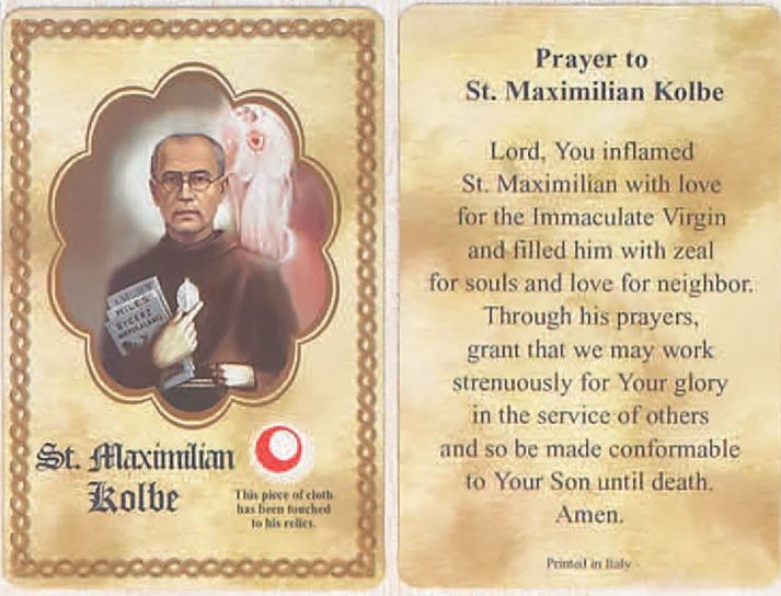 HEALING SAINT RELIC CARD - ST MAXIMILLIAN KOLBE - ADDICTIONS