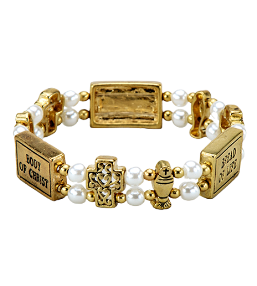 Gold tone Communion Bracelet-Pearl Stretch