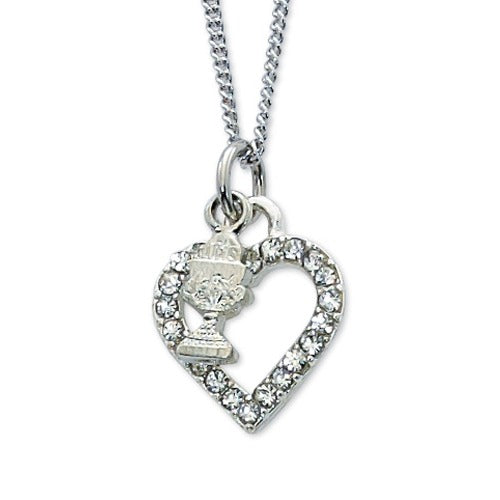 First Communion Rhinestone Heart with Chalice Charm on 16" Chain