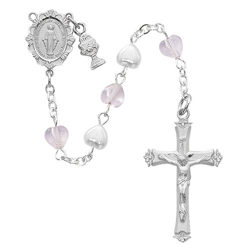 FIRST COMMUNION ROSARY with PINK & WHITE HEART BEADS