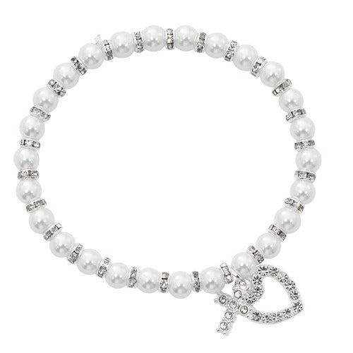 BRACELET - WHITE PEARL, CRYSTAL SPACERS  AND HEART CHARM - STRETCH