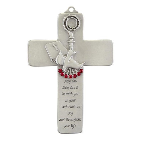 Confirmation Cross 5" Red Crystals on Pewter