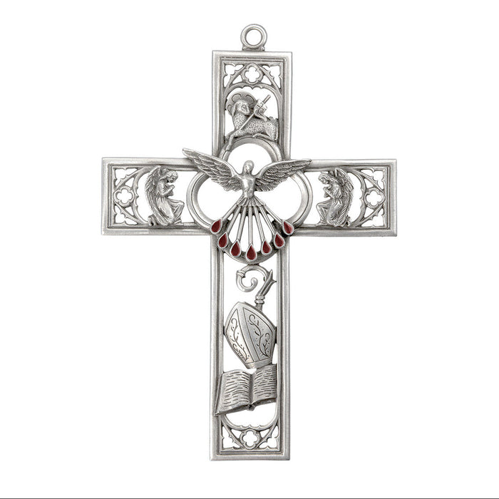 Confirmation Pewter Cross with Holy Spirit and Red Enamel