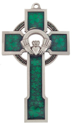 Cross - 5" Celtic with Claddagh - Green Enamel and Pewter