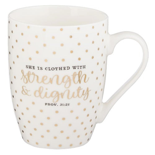 Coffee Mug Strength and Dignity Gold Polka Dots