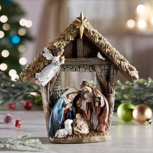 NATIVITY FIGURE - STABLE, MARY, JOSEPH, AND JESUS - 9.25" RESIN