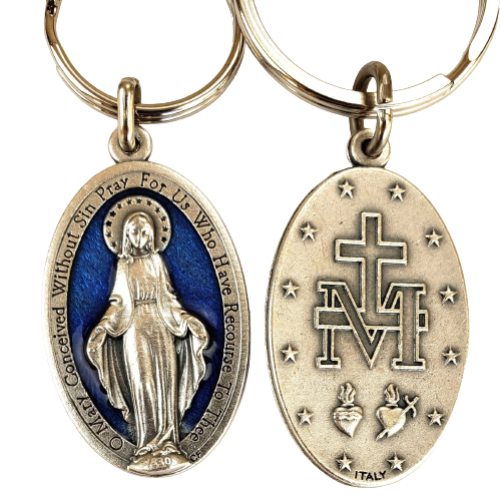 KEY RING - 1.5" - MIRACULOUS MEDAL - BLUE ENAMEL