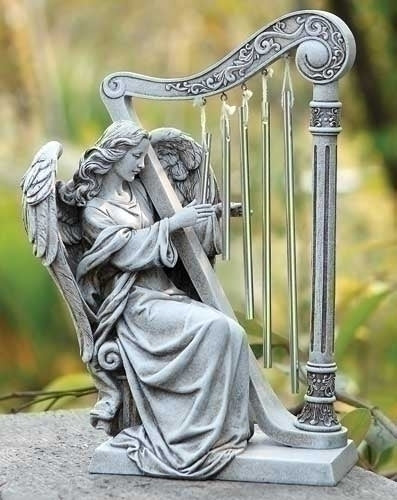 Garden Statue Angel with Windchime Harp