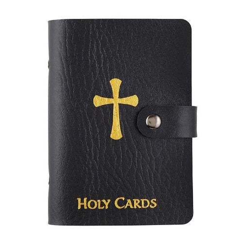 HOLY CARD HOLDER - BLACK IMITATION LEATHER -  HOLDS 40 CARDS