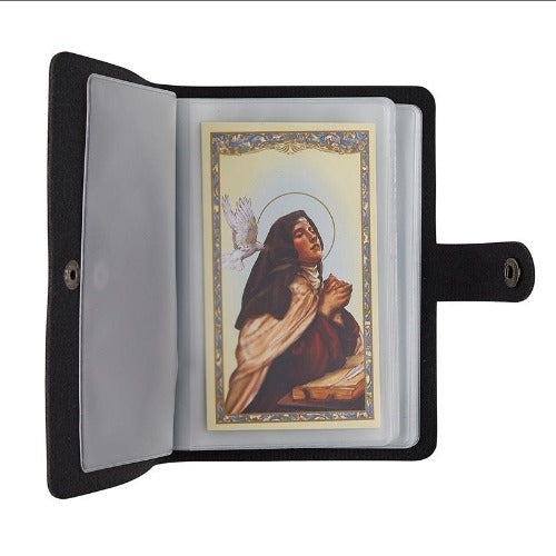 HOLY CARD HOLDER - BLACK IMITATION LEATHER -  HOLDS 40 CARDS