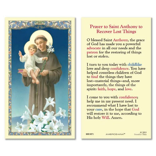 PRAYER TO ST ANTHONY TO RECOVER LOST THINGS HOLY CARD