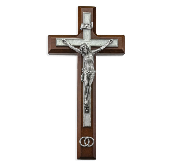 WEDDING CRUCIFIX - 10" WALNUT, PEARLIZED ENLAY AND PEWTER CORPUS