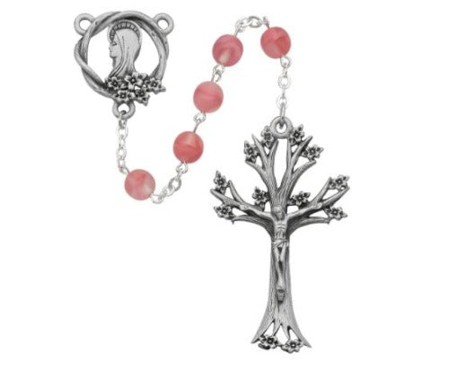 ROSARY - 7MM ROSE GLASS BEADS - DOGWOOD PEWTER CRUCIFIX AND CENTER