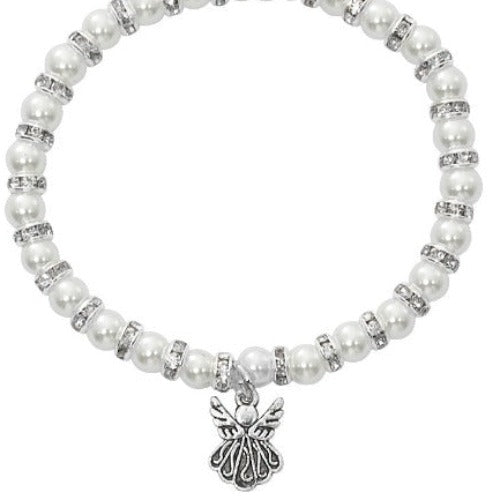 CHILD BRACELET - 5.5" WHITE PEARL BEADS CRYSTAL SPACERS - STRETCH