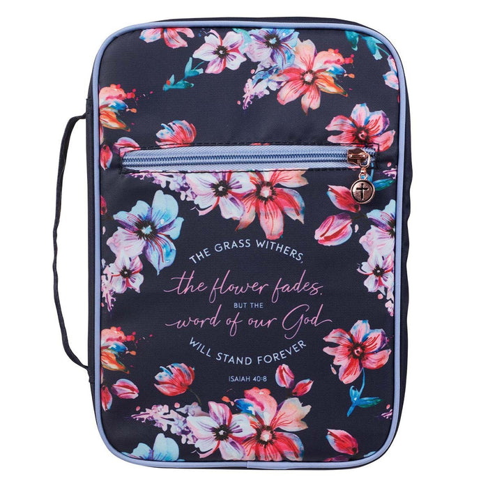 Bible Cover (M) "The Word of Our God" Pink Floral on Navy