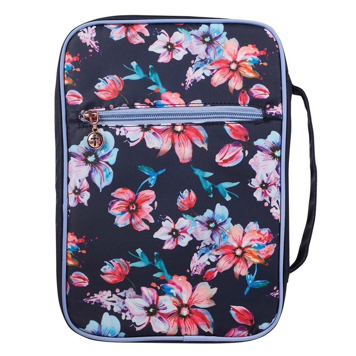 Bible Cover (M) "The Word of Our God" Pink Floral on Navy