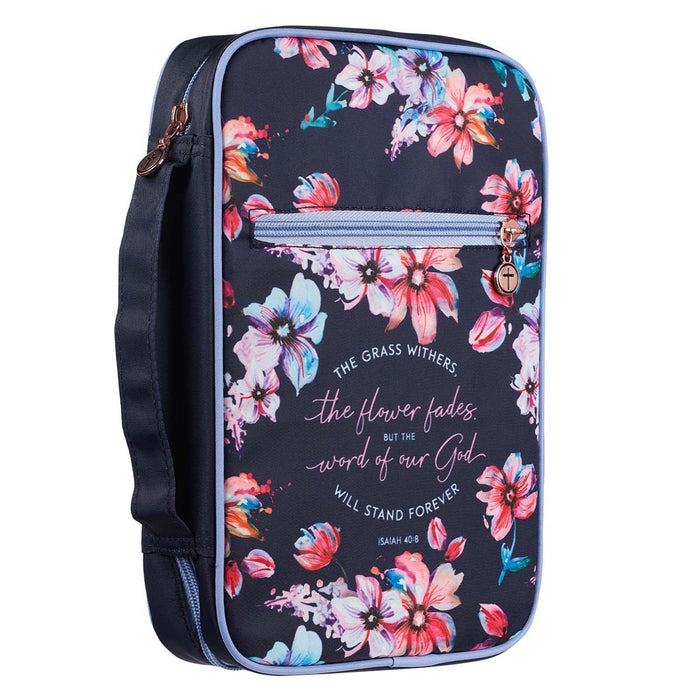 Bible Cover (M) "The Word of Our God" Pink Floral on Navy