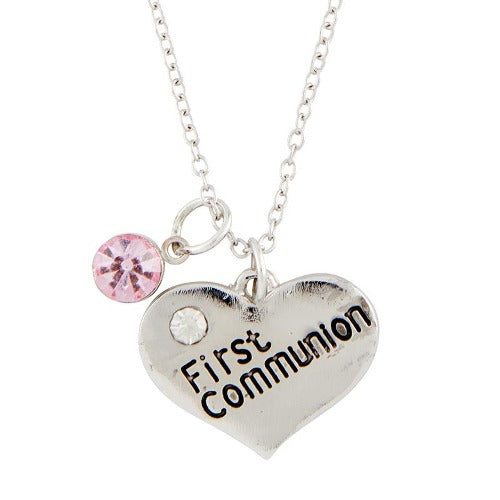 First Communion Heart with Pink Crystal Pendant on 18" Chain