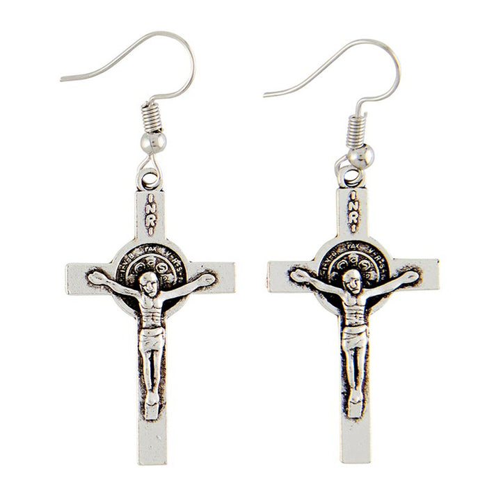 EARRINGS - ST BENEDICT CRUCIFIX -SILVERTONE