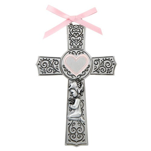 CROSS GIRL 6" ANTIQUE SILVER PLATE WITH PINK RIBBON