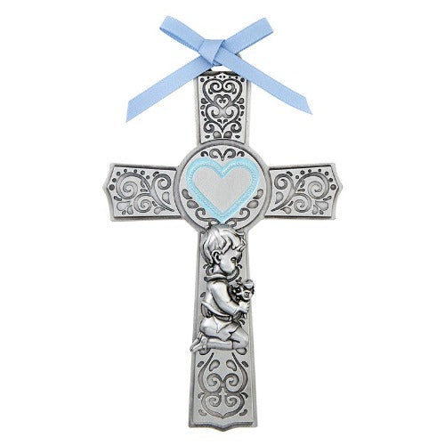 Cross Antique Silver Plate with Blue Ribbon for Boy