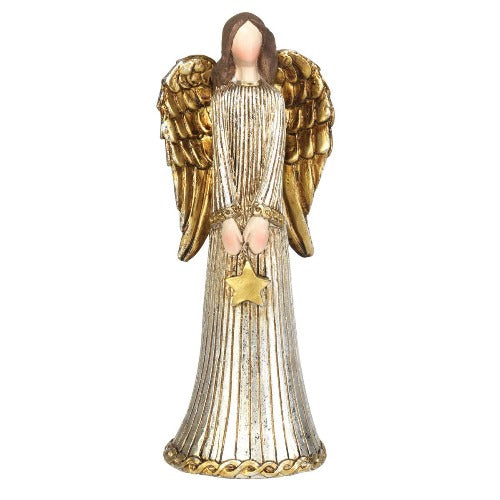 ANGEL FIGURE - METALLIC HOLDING STAR - 5.75" RESIN