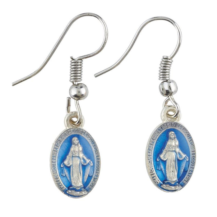 EARRINGS - MIRACULOUS MEDAL WITH BLUE ENAMEL