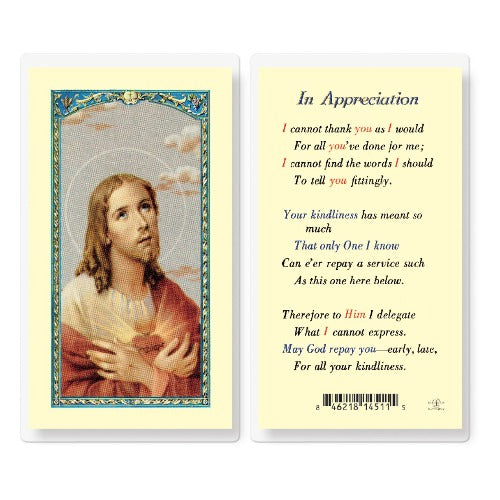 IN APPRECIATION SACRED HEART IMAGE HOLY CARD