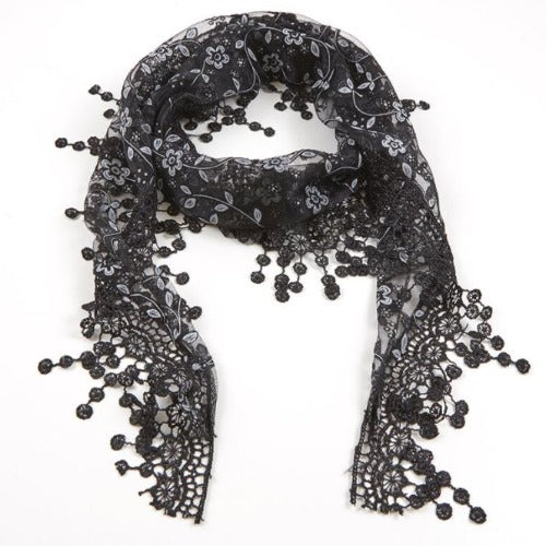 CHAPEL VEIL - BLACK AND WHITE FLORAL LACE - TASSELS