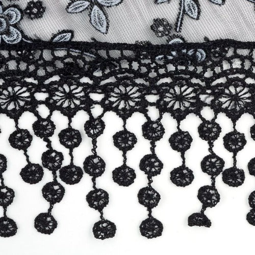 CHAPEL VEIL - BLACK AND WHITE FLORAL LACE - TASSELS