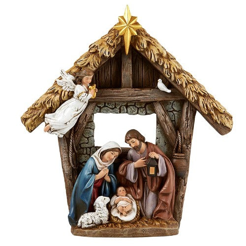 NATIVITY FIGURE - STABLE, MARY, JOSEPH, AND JESUS - 9.25" RESIN