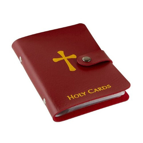 HOLY CARD HOLDER - MAROON IMITATION LEATHER -  HOLDS 40 CARDS