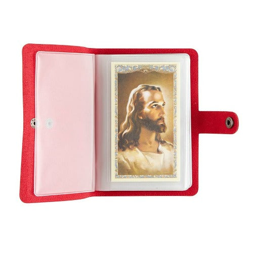 HOLY CARD HOLDER - MAROON IMITATION LEATHER -  HOLDS 40 CARDS