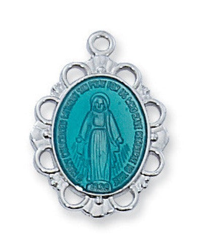 MIRACULOUS MEDAL - .75" SS & BLUE ENAMEL - LOOP FRAME - 18" CHAIN