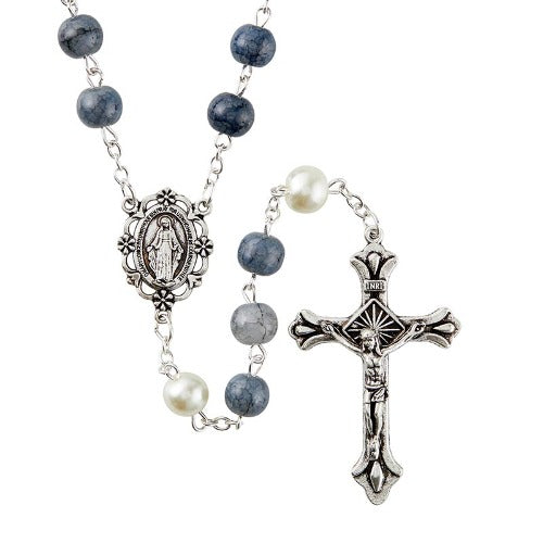 ROSARY - 8MM POSITANO BLUE-GRAY GLASS BEADS - 22.5" LENGTH