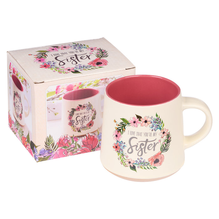 Coffee Mug Sister and Floral Wreath Clay Dipped Base