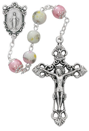 ROSARY - 8MM PINK MARBELINE BEADS - OXIDIZED CRUCIFIX & MEDAL