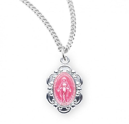 Child Miraculous Medal 0.6" SS Baroque Pink Enamel on 13" Chain