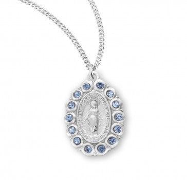 MIRACULOUS MEDAL - SS & 7/8" BLUE SWAROVSKI OVAL FRAME  - 18" CHAIN