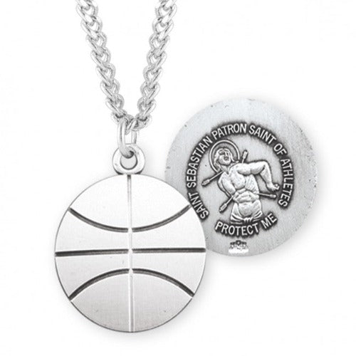 BASKETBALL PENDANT -ST SEBASTIAN - STERLING SILVER - 24" CHAIN