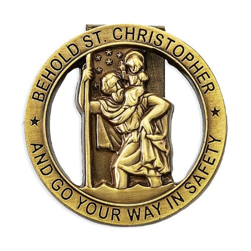 VISOR CLIP - ST CHRISTOPHER - GO YOUR WAY IN SAFETY - ANTIQUE BRASS